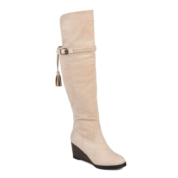JOURNEE COLLECTION Shoes - JOURNEE COLLECTION Womens Ivory Strap Jezebel Almond Wedge Heeled Boots 6 M